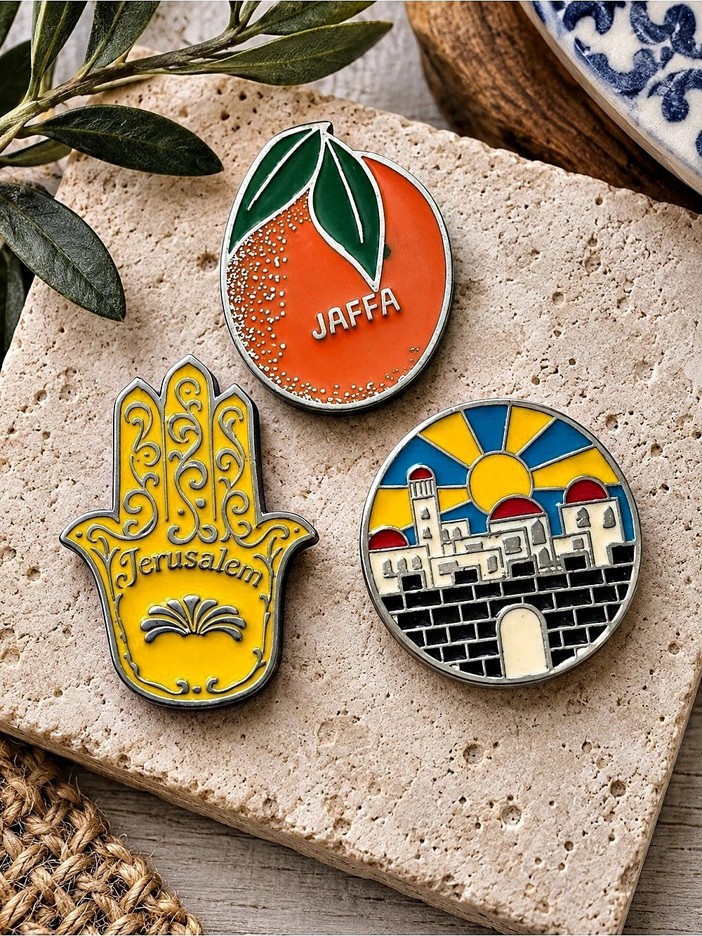 Halamit Leibovich Israel Enamel Magnet Set of 3 Jaffa Jerusalem Hamsa